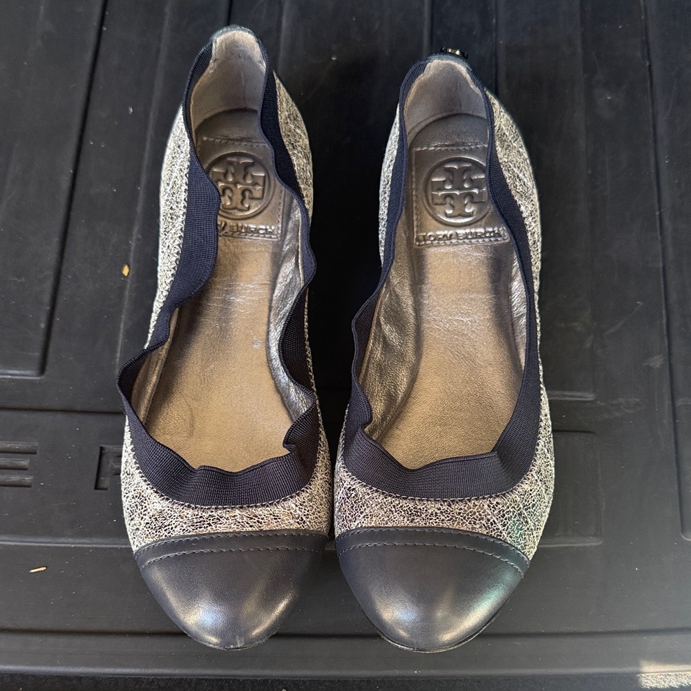 Tory Burch Silver Metallic and Navy Blue Cap-Toe Ballet Flats